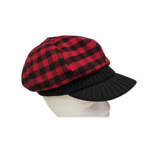 Cabbie Newsboy Cap Red & Black Checker Plaid Wool Blend Brimmed Hat Women's OSFM
